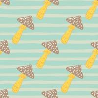 Beige and yellow tones fly agaric elements seamless doodle pattern. Blue striped background. vector