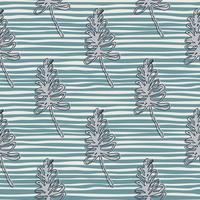 Blue branches silhouettes with black contour seamless pattern. Stylized foliage ornament on stripped background. vector
