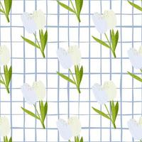 Spring seamless tender pattern wuth tulips. Flower simple elements with green stems on white chequered background. vector