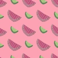 Bright summer seamless pattern with purple tone and green slices. Fruit abstract shapes on pink background. vector