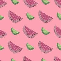 Bright summer seamless pattern with purple tone and green slices. Fruit abstract shapes on pink background. vector