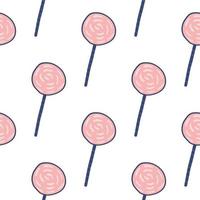 Simple isolated lollipop doodle seamless pattern. Pink candy silhouettes on white background. vector