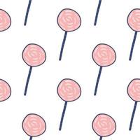 Simple isolated lollipop doodle seamless pattern. Pink candy silhouettes on white background. vector