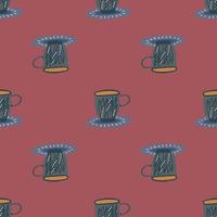 Dark grey herbal tea cup seamless pattern. Cozy kitchen print with maroon background. vector