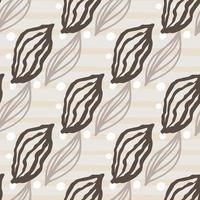 Leaf outline figures seamless doodle pattern. Brown and grey contoured botanic print on stripped light background. vector