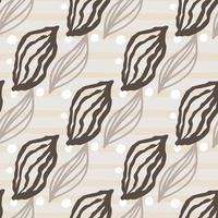 Leaf outline figures seamless doodle pattern. Brown and grey contoured botanic print on stripped light background. vector