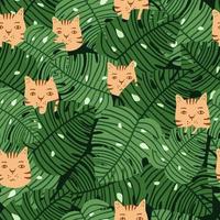 Floiage monstera leafs and cats faces seamless doodle pattern. Stylized print in green and orange colors. vector