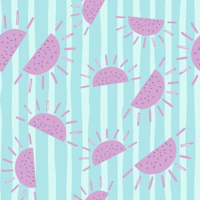 Funny seamless pattern with childish purple random sun ornament. Blue striped background. Doodle print.