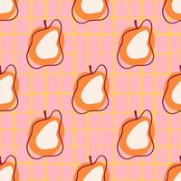 Modern food healthy seamless pattern with orange contoured apple fruit shapes. Pink chequered background. vector