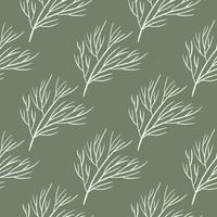 Botanic forest seamless pattern with white contoured tree branches ornament. Light green olive background. vector