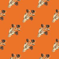Botanic seamless pattern with abstract flowers bouquet print. Bright orange background. Vintage style. vector
