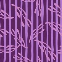 Decorative seamless pattern with random abstract doodle branches ornament. Purple striped background. vector