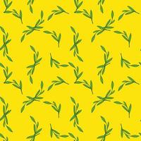 Bright summer seamless herbal pattern with random green contoured foliage print. Yellow bright background. vector
