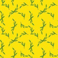 Bright summer seamless herbal pattern with random green contoured foliage print. Yellow bright background. vector