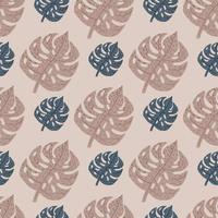 Pale palette seamless pattern with beige and navy blue monstera ornament. Pastel background. vector