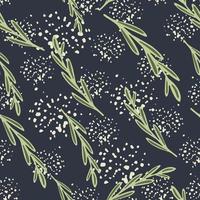 Random green herbal twigs silhouettes seamless pattern. Navy blue background with splashes. vector