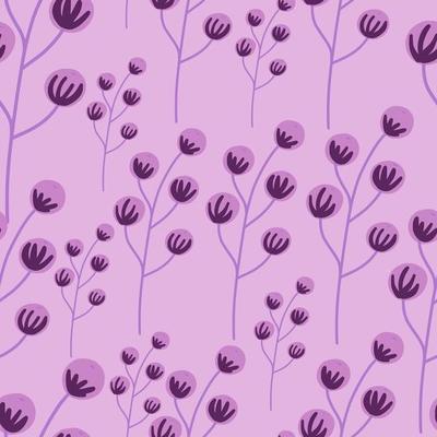 Decorative seamless pattern with random purple berry branches shapes. Lilac background. Seasonal style.