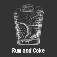 boceto dibujado a mano cóctel ron y coca cola. fondo de ron de bebida alcohólica. vector