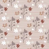 Pastel spring seamless pattern with floral branches and chamomile flowers. Stripped backdrop. Brown, beige, burgundy tones. vector