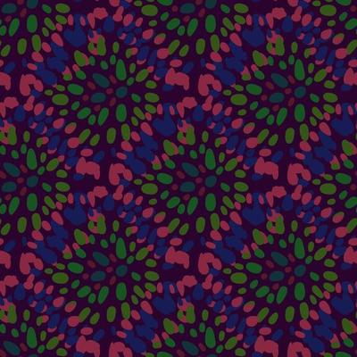 Dark african native seamless pattern with point circles. Ornament in purple and green tones on maroon background.