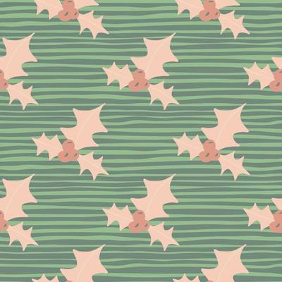 Pink mistletoe vintage xmas silhouetes seamless pattern. Green stripped background. New year hand drawn festive print.