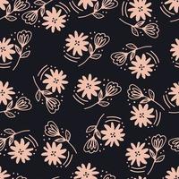 Abstract flower seamless pattern in line art style on black background. Doodle floral wallpaper.