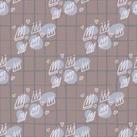 Outline crown elements and hearts seamless naive pattern. Blue circle splashes and grey background with check. vector