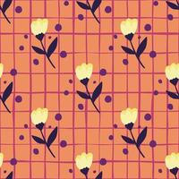 Purple and yellow colors folk flower silhouettes seamless pattern. Simple botanic print with orange chequered background. vector