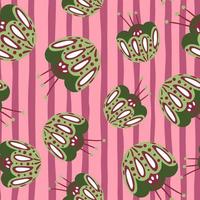 Botanic seamless pattern with floral folk flowers ornament shapes. Random green print on pink striped background. vector