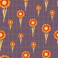 Creative nature seamless pattern with random orange folk flowers ornament. Purple chequered background. vector