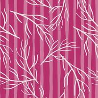 Nature bright seamless pattern with white random branches shapes print. Pink striped background. Doodle backdrop. vector