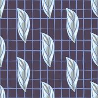 Blossom seamless pattern with hand drawn light blue contoured leaf shapes. Purple background with check. vector