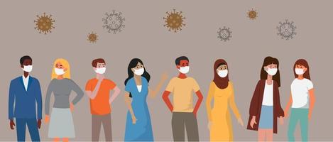 Portraits of different nationalities have different skin tones and hair colors. Everyone wears a medical mask. To prevent coronavirus infection flat design vector