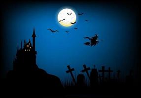 noche de halloween en el cementerio con murciélagos voladores y brujas montando una escoba contra el cielo de luna llena con una mansión embrujada detrás. vector