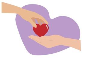 Concept of love, concern, sharing, donation of human kind By giving hearts to each other. Flat cartoon illustration. vector
