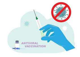 científico con guantes azules en la mano sosteniendo una jeringa para la vacunación contra el virus vector