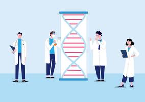 DNA genetic engineering presentation of scientists. Vector illustration flat cartoon poster banner