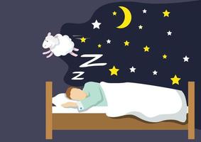 The young man counted the number of sheep that had left to relieve his anxiety before falling asleep. Flat style cartoon illustration vector