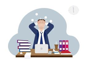 Vector cartoon illustration of male character busy office worker Work until a headache, illness, flu, exhalation, stress, depression.