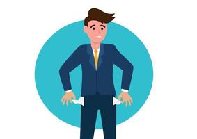 The poor businessman shows off his empty trouser pocket. Flat style cartoon illustration vector