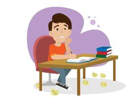 el estudiante masculino se sentó en la mesa con libros a su lado. no podía pensar en el trabajo, causando mal humor. vector de ilustración de dibujos animados de estilo plano