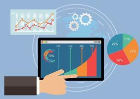 Analysis of market trends on a tablet With line charts and graphs Design a statistical infographic on the screen. Mobile technology concept Vector illustration