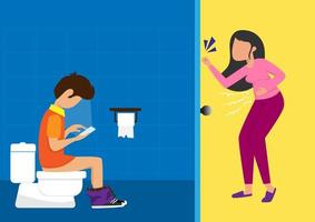 A man sitting on the toilet with a mobile phone A woman waiting at the door, she had to pee, but the bathroom locked. Flat style cartoon illustration vector