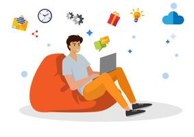 Modern man sitting on the sofa with laptop to work and communicate on the internet vector illustration