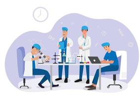 Group of medical students doing lab experiments isolated flat vector illustration Cartoon scientist doing research or chemical test Concept of chemistry, medicine and science