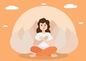 A woman sits and puts her hands on her chest. to alleviate anxiety inside her body. Flat style cartoon illustration vector