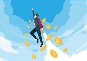 businessmen with jetpack soaring in the sky With bitcoins falling behind, vector