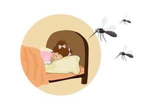en la casa y en el dormitorio con los niños hay que tener cuidado con los mosquitos que transmiten el dengue. vector de ilustración de dibujos animados de estilo plano