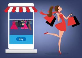 compras en línea a una mujer feliz le gusta comprar ropa en aplicaciones en línea. ordenar en pantalla vector de diseño simple