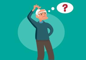 The old man scratched his head, contemplating what to do next. Old age makes me obsessed Forgot what I did or haven't done it yet. flat style cartoon vector illustration